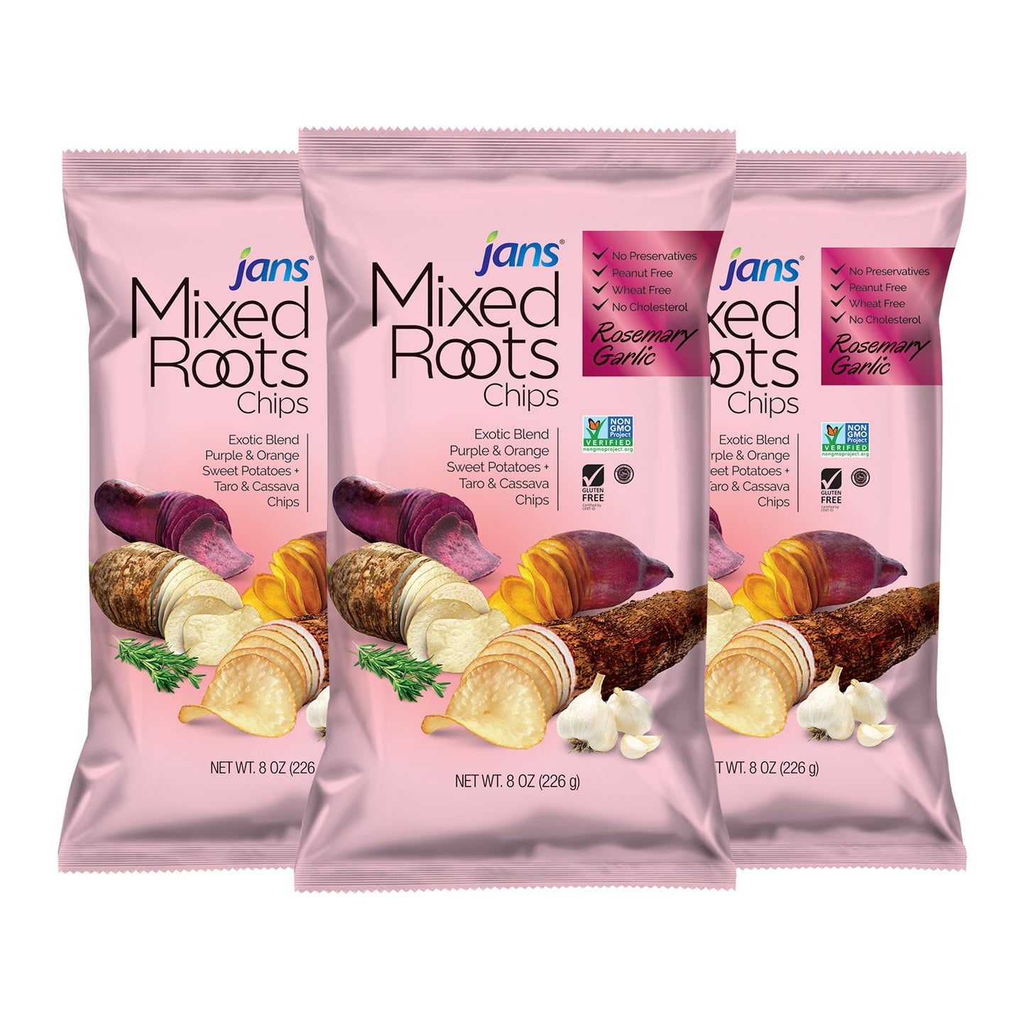 Mixed Roots Chips - All Natural Vegetable Chips (Rosemary Garlic, 3 x 8 oz) | Trans Fat & Cholesterol Free | Gluten Free & Non-G