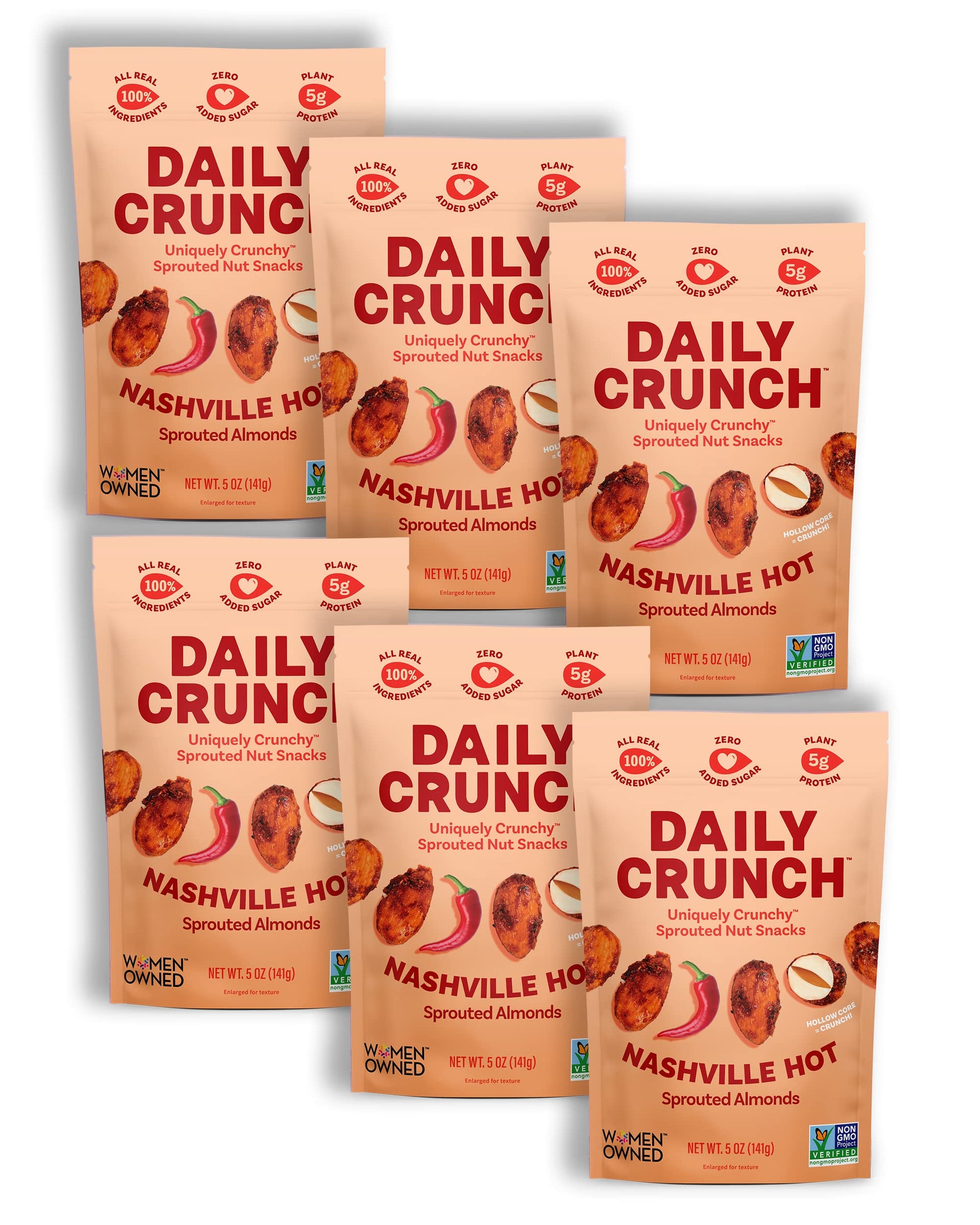 Daily Crunch Sprouted Almonds, 5 Ounce Resealable Bags (Nashville Hot, 6 Pack) Packaging May Vary - Sprouted and Dehydrated for 
