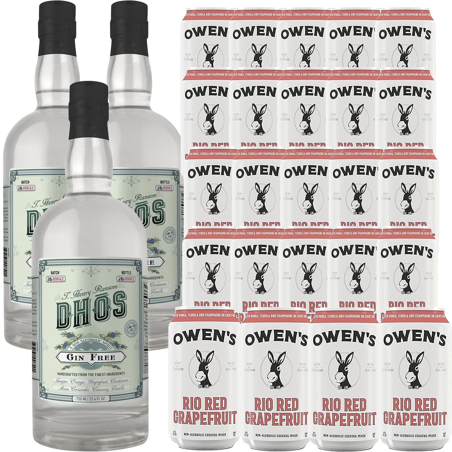 ChromaCast Dhos Handcrafted Non-Alcoholic Gin & Owen’s Mixers, 3 Pack, 750 ML Bottles & 8.2 OZ Cans for Mocktails, Made