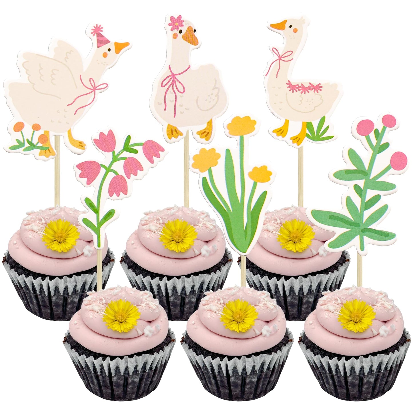 Gyufise 36Pcs Silly Goose Cupcake Toppers Birthday White Goose Baby Shower Theme Kids Baby Boy Girl Decorations Party Supplies f