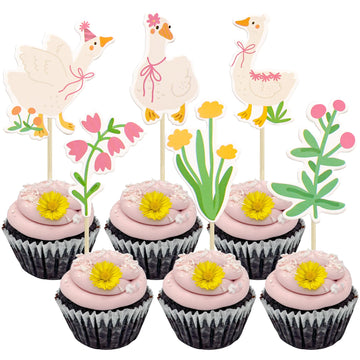 Gyufise 36Pcs Silly Goose Cupcake Toppers Birthday White Goose Baby Shower Theme Kids Baby Boy Girl Decorations Party Supplies f