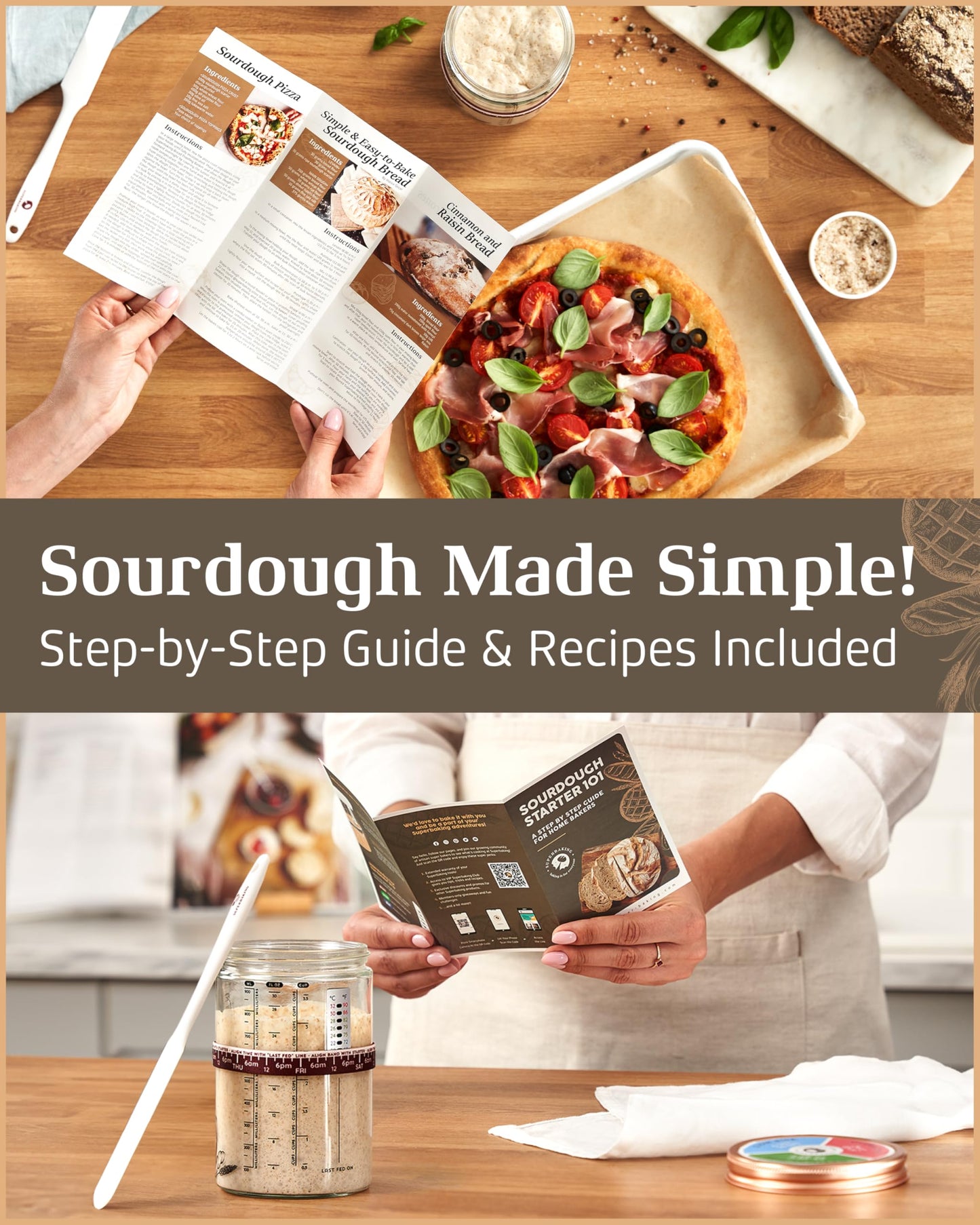 Superbaking Sourdough Starter Jar, Beginner Friendly Sourdough Starter Kit with 34oz Wide Mouth Glass Jar, Sour Dough Container