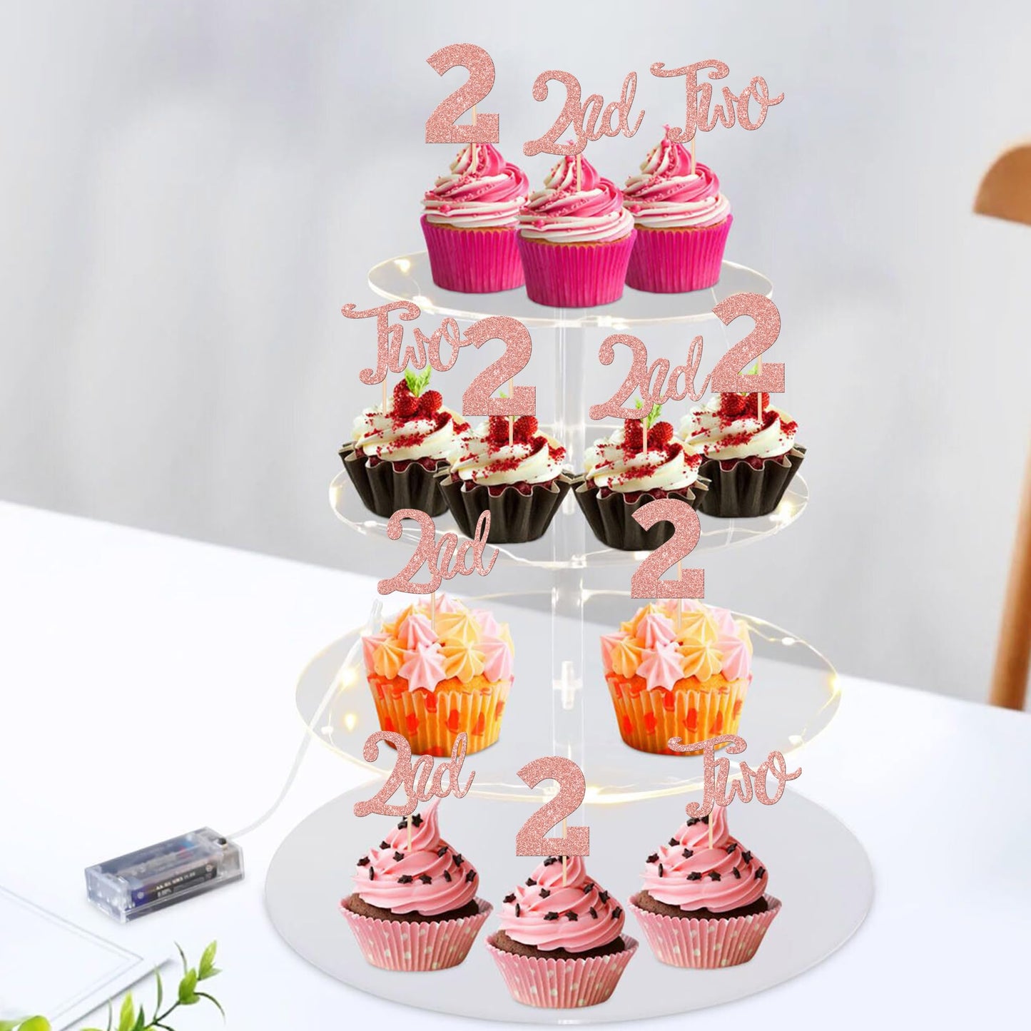24 Pcs 2Nd Birthday Cupcake Toppers Glitter Two Cupcake Picks Number 2 Second Birthday Cupcake Decorations For Baby Shower Kids