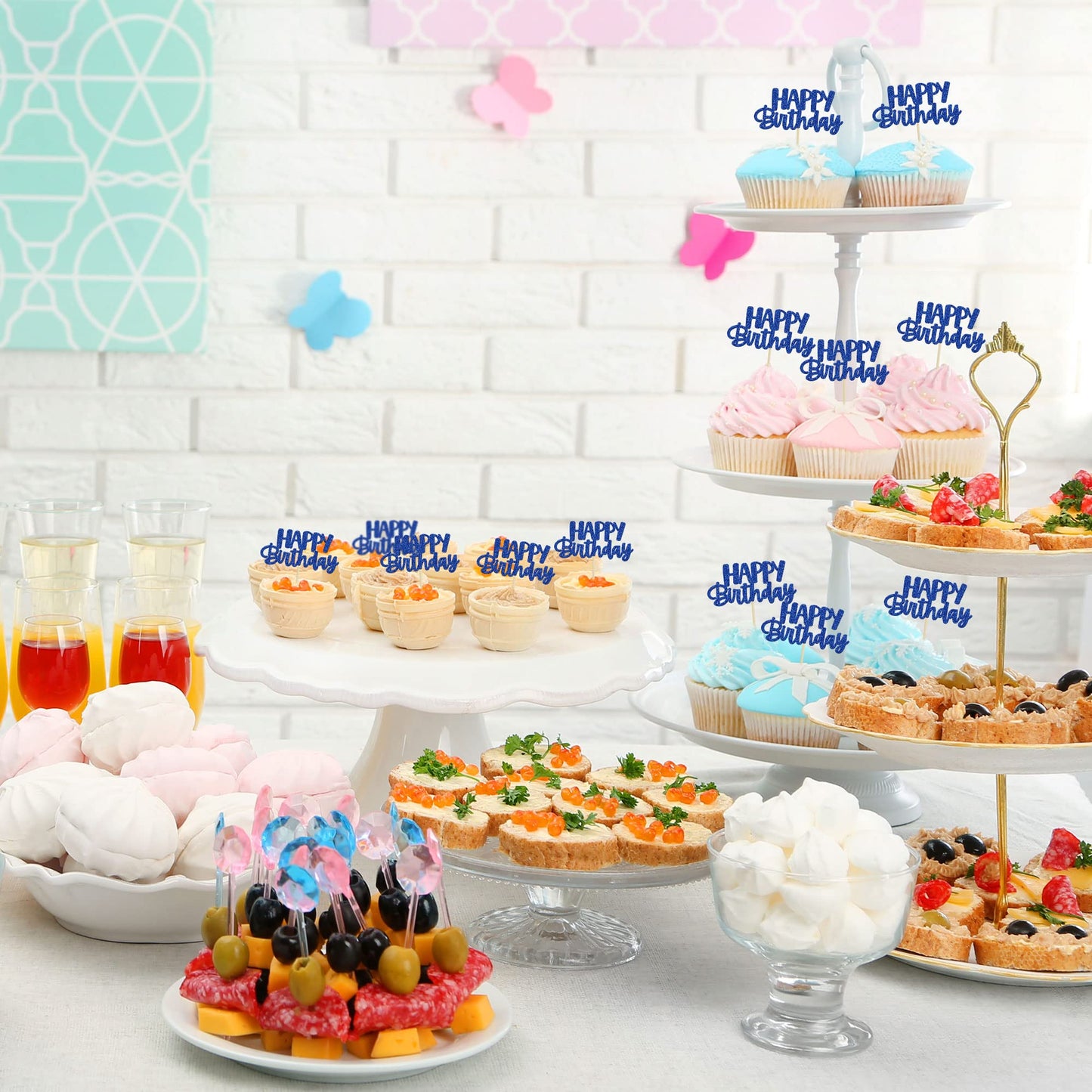 Gyufise 24Pcs Cupcake Toppers - Glitter Birthday Decorations, Dark Blue Paper Picks for Happy Birthday Theme Party