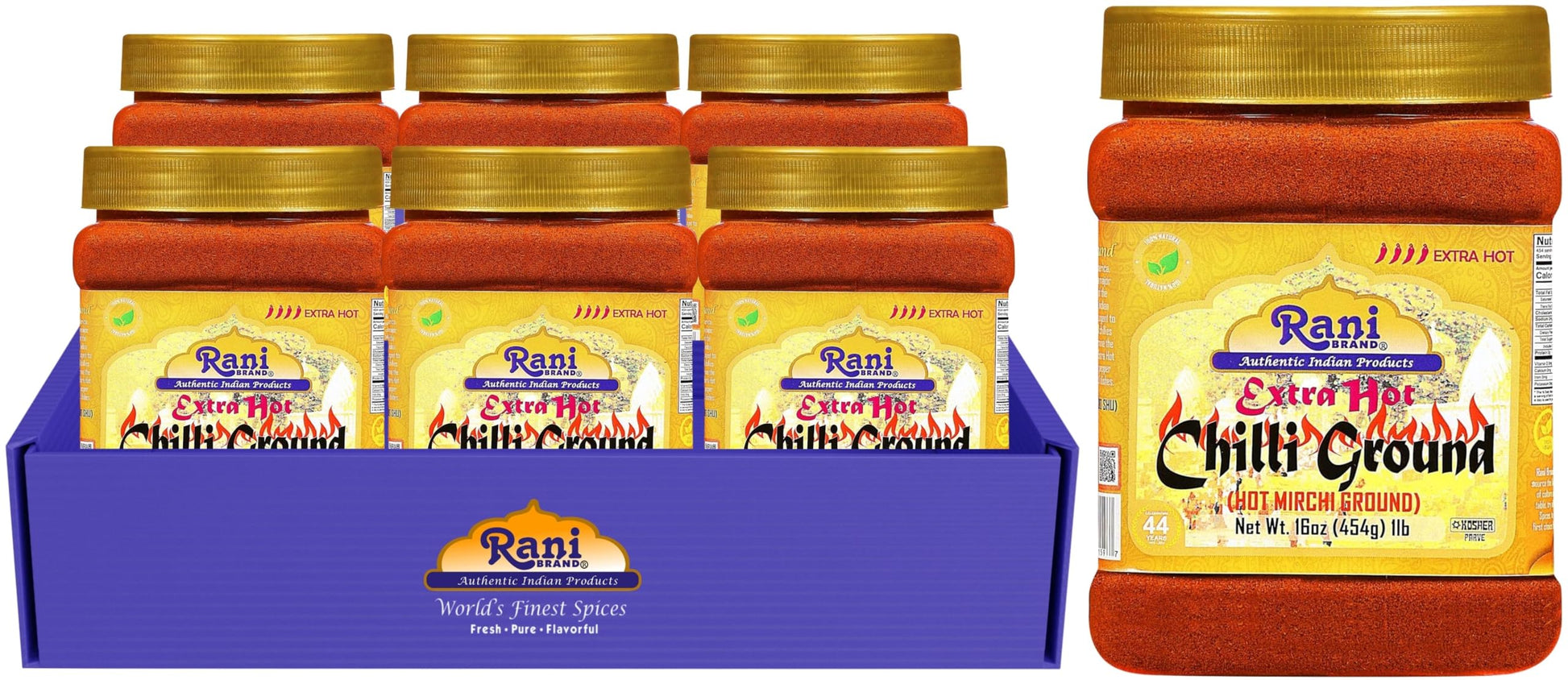 Rani Extra Hot Chilli Powder Indian Spice 16oz (1lb) 454g PET Jar, Pack of 6 ~ All Natural | No Color added | Gluten Friendly | 