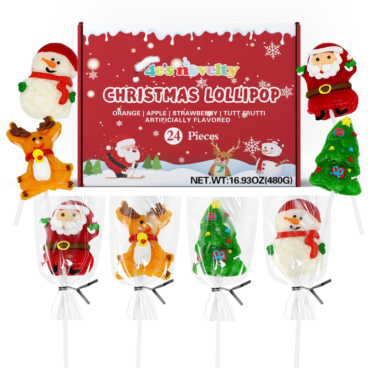 4Es Novelty 24 Pack Christmas Lollipops Santa, Snowman, Reindeer, Tree, Christmas Lollipops Individually Wrapped Bulk, Candy Suckers, Stocking Stuffer Candy For Kids & Mature-Themeds