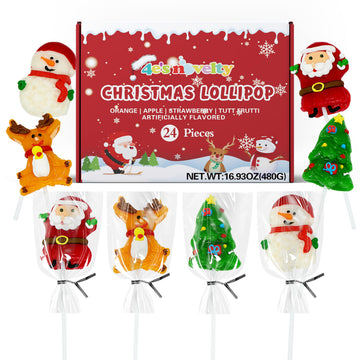 4Es Novelty 24 Pack Christmas Lollipops Santa, Snowman, Reindeer, Tree, Christmas Lollipops Individually Wrapped Bulk, Candy Suckers, Stocking Stuffer Candy For Kids & Mature-Themeds