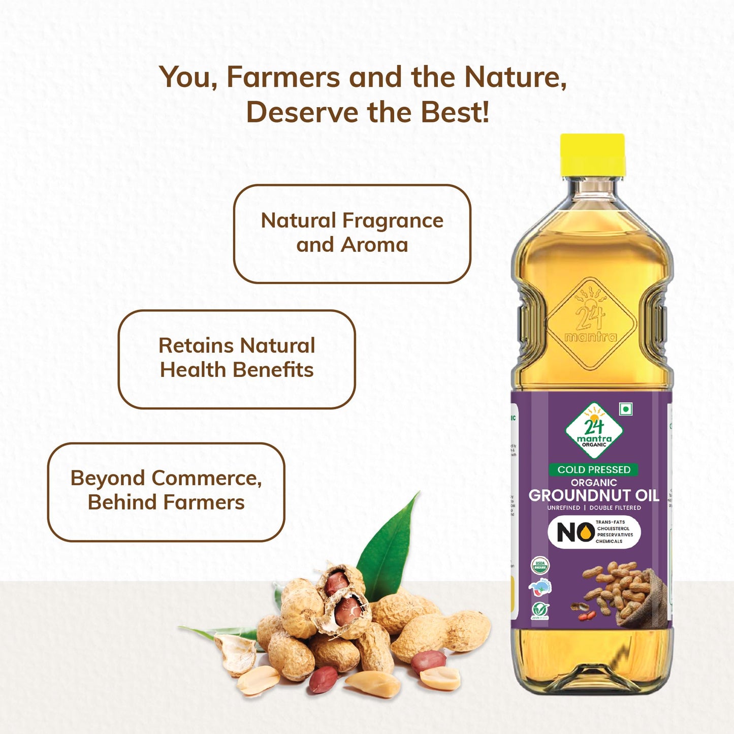 24 Mantra Organic Unrefined Groundnut Oil/Moongphali Ka Tel- 1 L | Pack Of 1 | 100% Organic | Chemical Free & Pesticides Free |