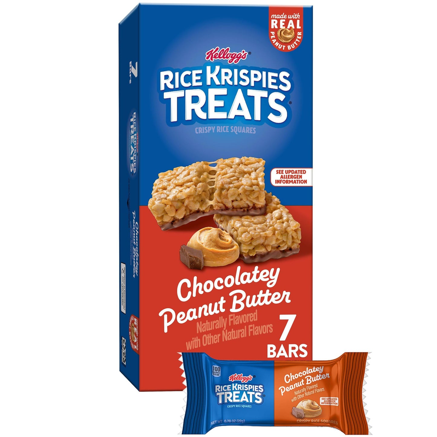Rice Krispies Treats Crispy Rice Squares, Kids Snacks, Snack Bars, Chocolatey Peanut Butter, 5.4oz Box (7 Bars)