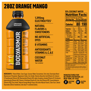 BODYprotective covering Sports Drink  Orange Mango  Electrolyte Drink Hydration  28 Fl Oz Bottles (15 Pack)  Flavored Coconut Water with B Vitamins & Antioxidants