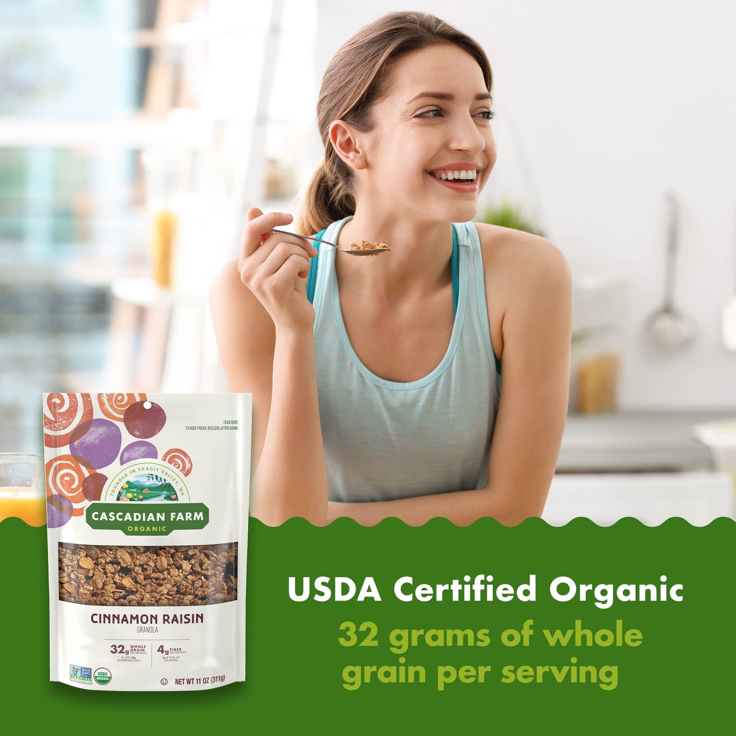 Cascadian Farm Organic Granola, Cinnamon Raisin Cereal, Resealable Pouch, 11 Oz.