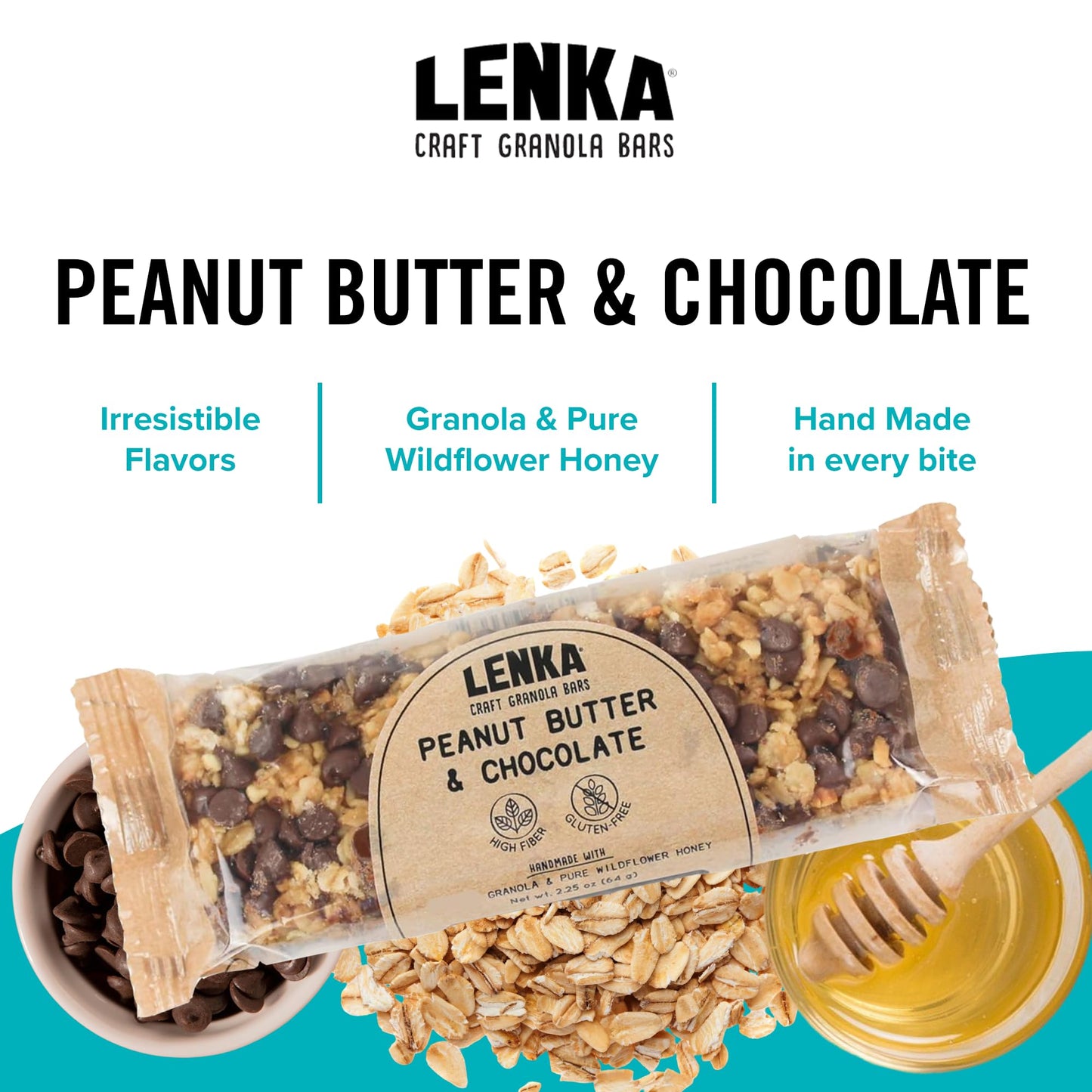 Lenka Handmade Craft Granola Bars - Peanut Butter & Chocolate Gluten Free High Fiber - Nutritious Snack Bar With Organic Granola