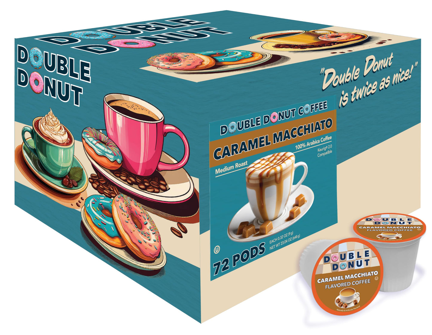 Double Donut Coffee Caramel Macchiato Flavored Coffee Pods, Medium Roast, 72 Count, Compatible with Keurig K-Cups