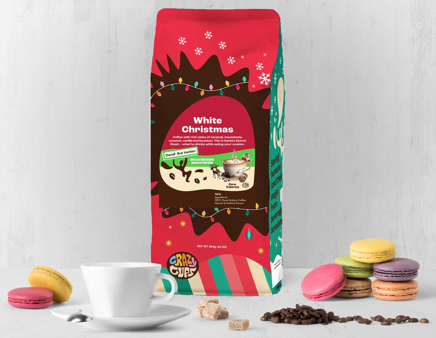 Crazy Cups Decaf Christmas Coffee, Flavored Ground Coffee, 10 oz Bag, Perfect for Hot or Iced Coffee