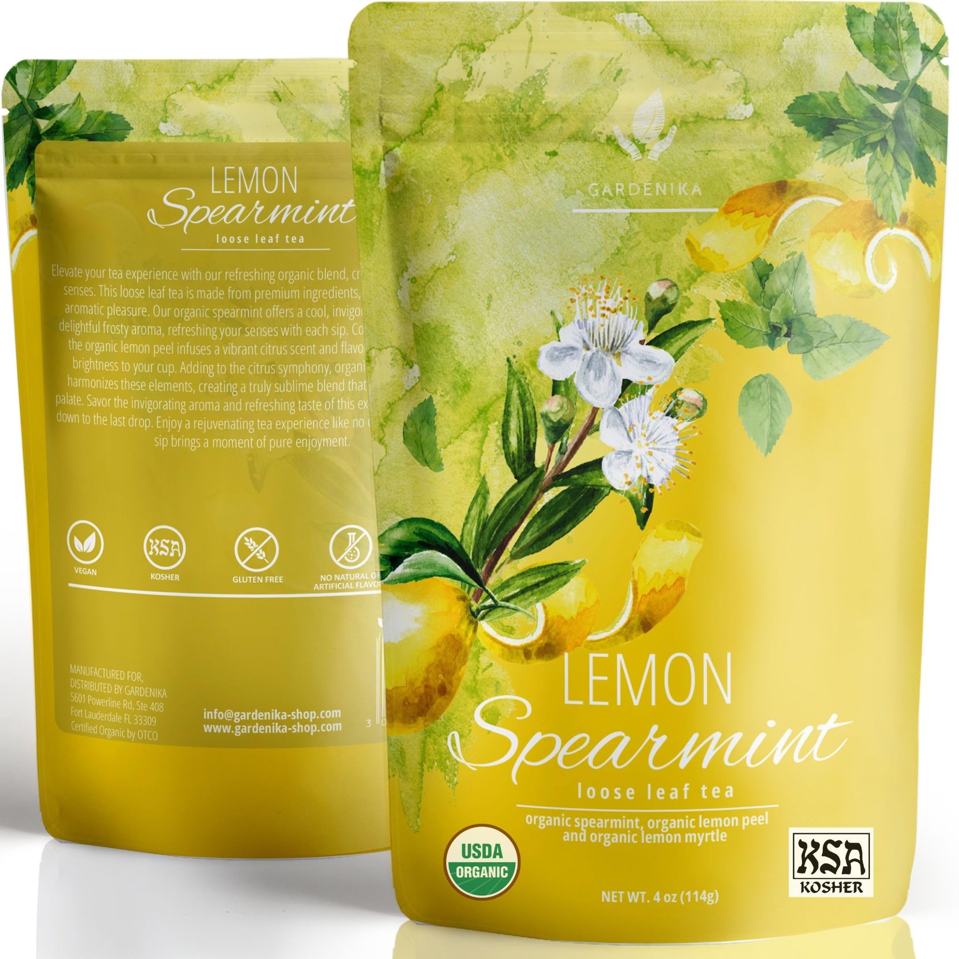 Gardenika Organic Lemon Spearmint Herbal Loose Tea - Caffeine-Free, Kosher - 4 oz