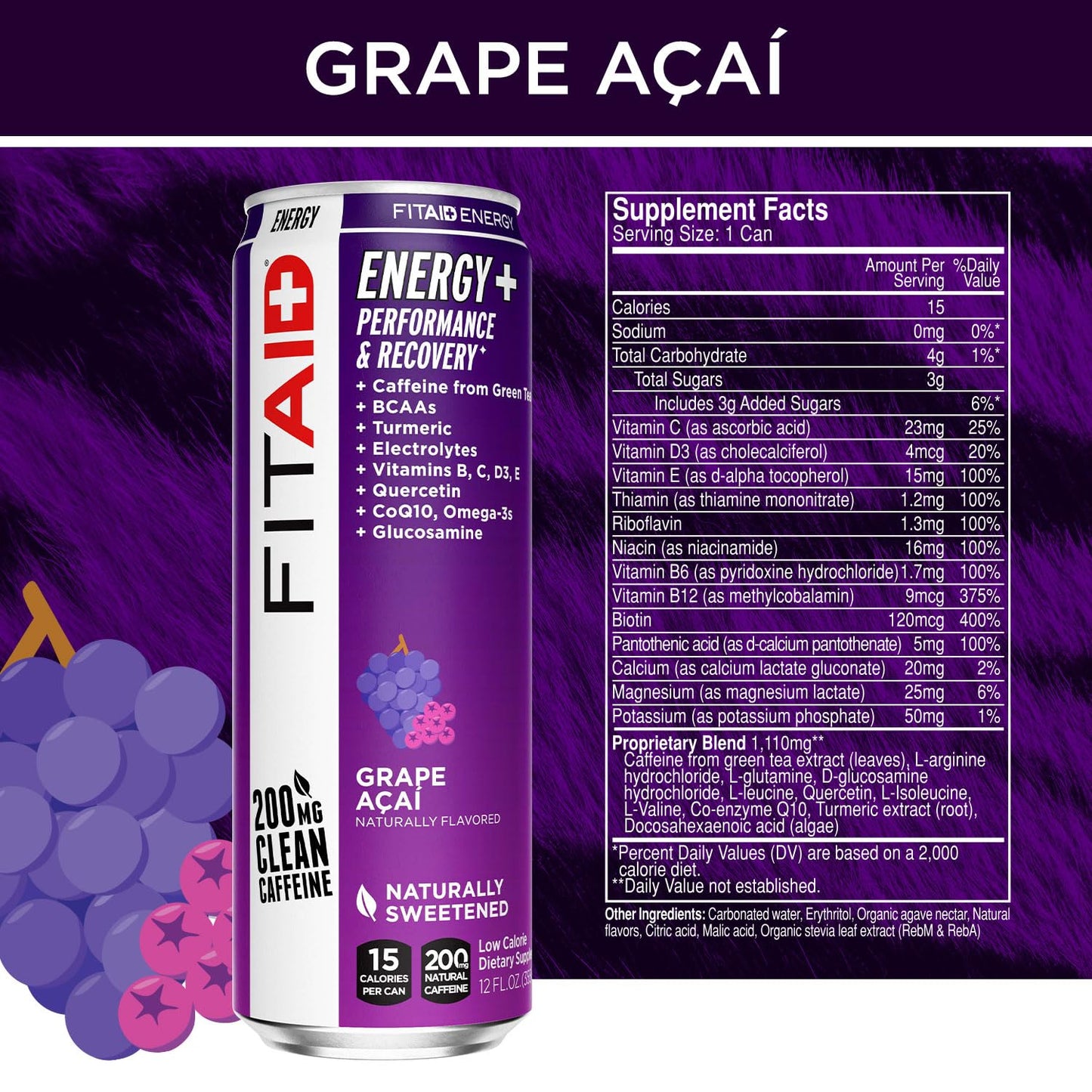LIFEAID FITAID Energy Drink, G  AÇAI, 200mg Caffeine, Keto, 12 Fl Oz, Pack of 12, Vegan & Gluten-Free