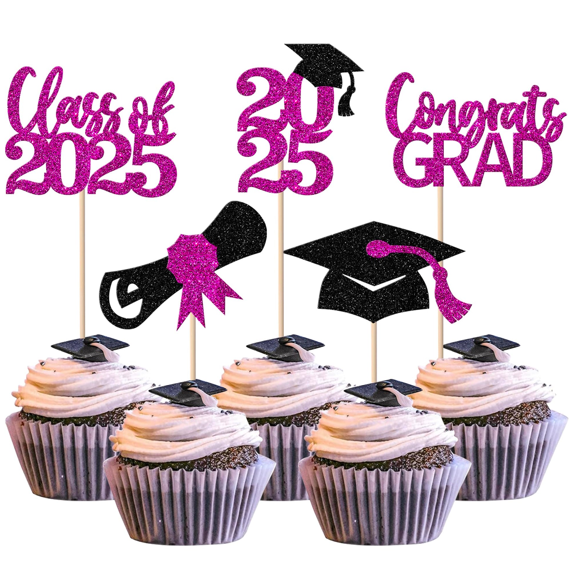 YCTHUNFISH 30 Pack Cupcake Toppers Glitter Graduation Decorations Class of 2025 Purple