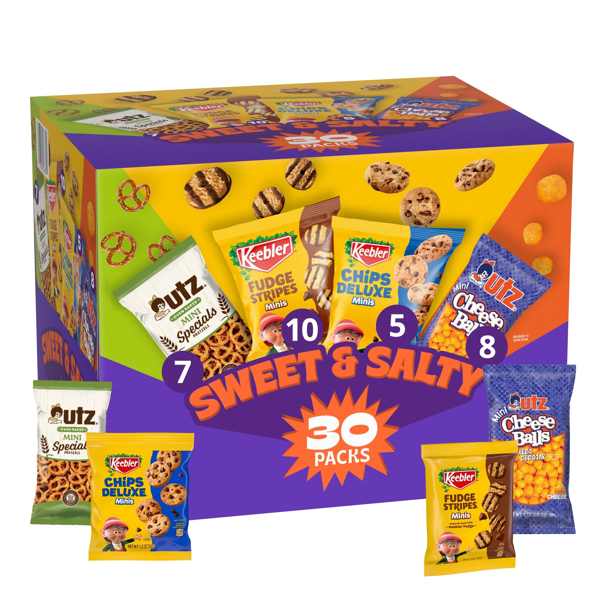 Keebler Sweet & Salty Variety Pack, 30-Count Box, Includes Keebler Chips Deluxe, Fudge Stripes, Utz mini Pretzels and Cheese Bal