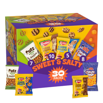 Keebler Sweet & Salty Variety Pack, 30-Count Box, Includes Keebler Chips Deluxe, Fudge Stripes, Utz mini Pretzels and Cheese Bal