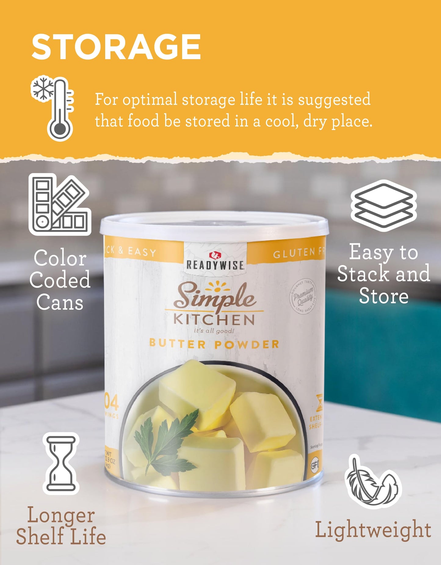 Simple Kitchen Freeze Dried Butter Powder - 204 Servings For Family Meal Prep, Gluten Free & Dehydrated Survival Just Add Water Canned Food, For Camping Meals, Backpacking & Hiking, #10 Can Package
