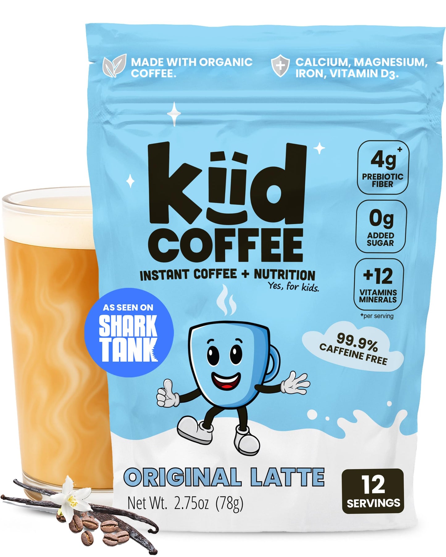 Kiid Coffee - 99.9% Caffeine-Free Organic Coffee for Kids - As Seen on Shark Tank - 12 Vitamins & Minerals  4g Prebiotics  0g Sugar - Non-GMO & Gluten-Free - Healthy Snack - Original - 12 Servings