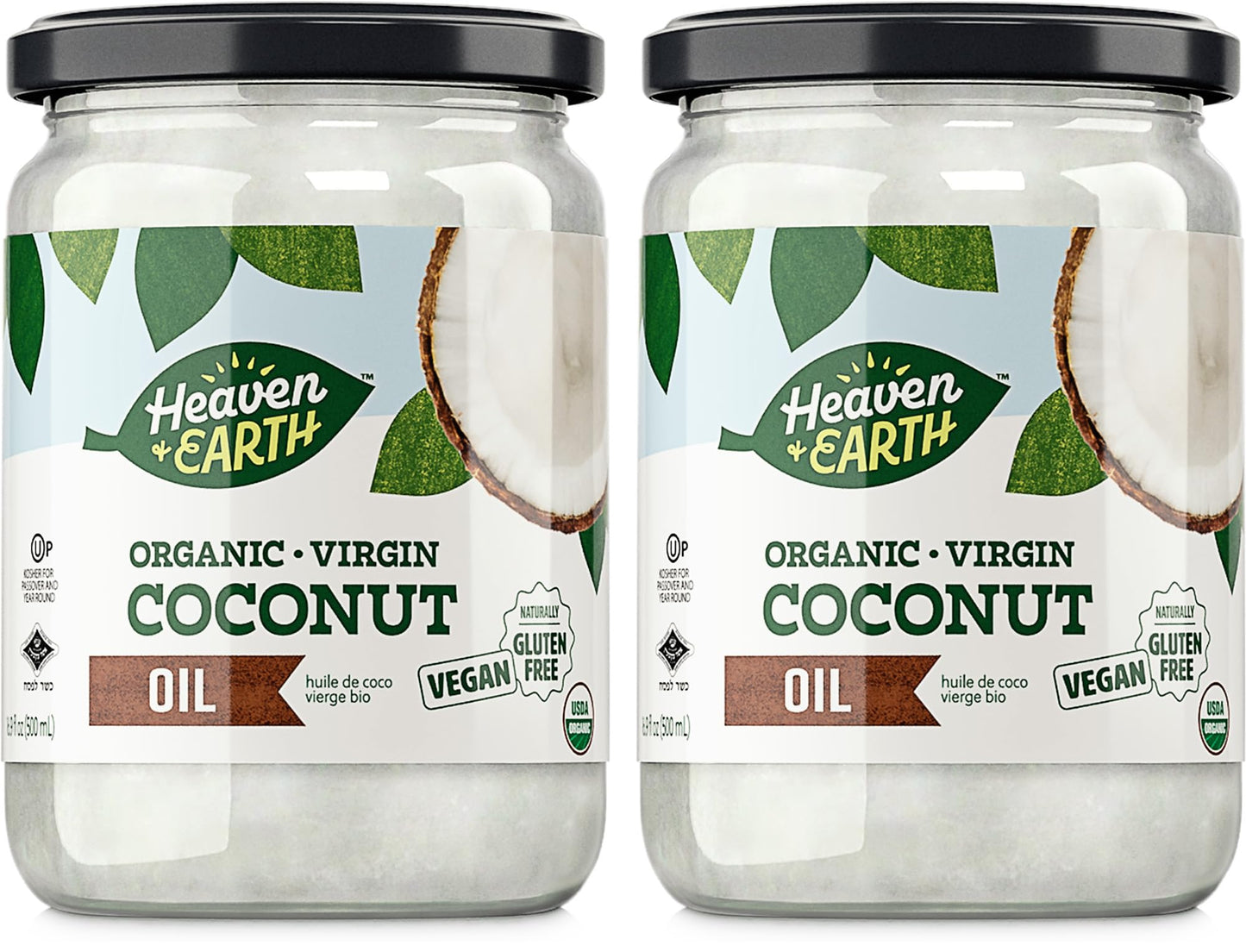 Heaven & Earth Organic Unrefined Virgin Coconut Oil, (2 Pack) 16oz | Glass Jar | Cold Pressed | Coconut Oil for Cooking, Hair & 