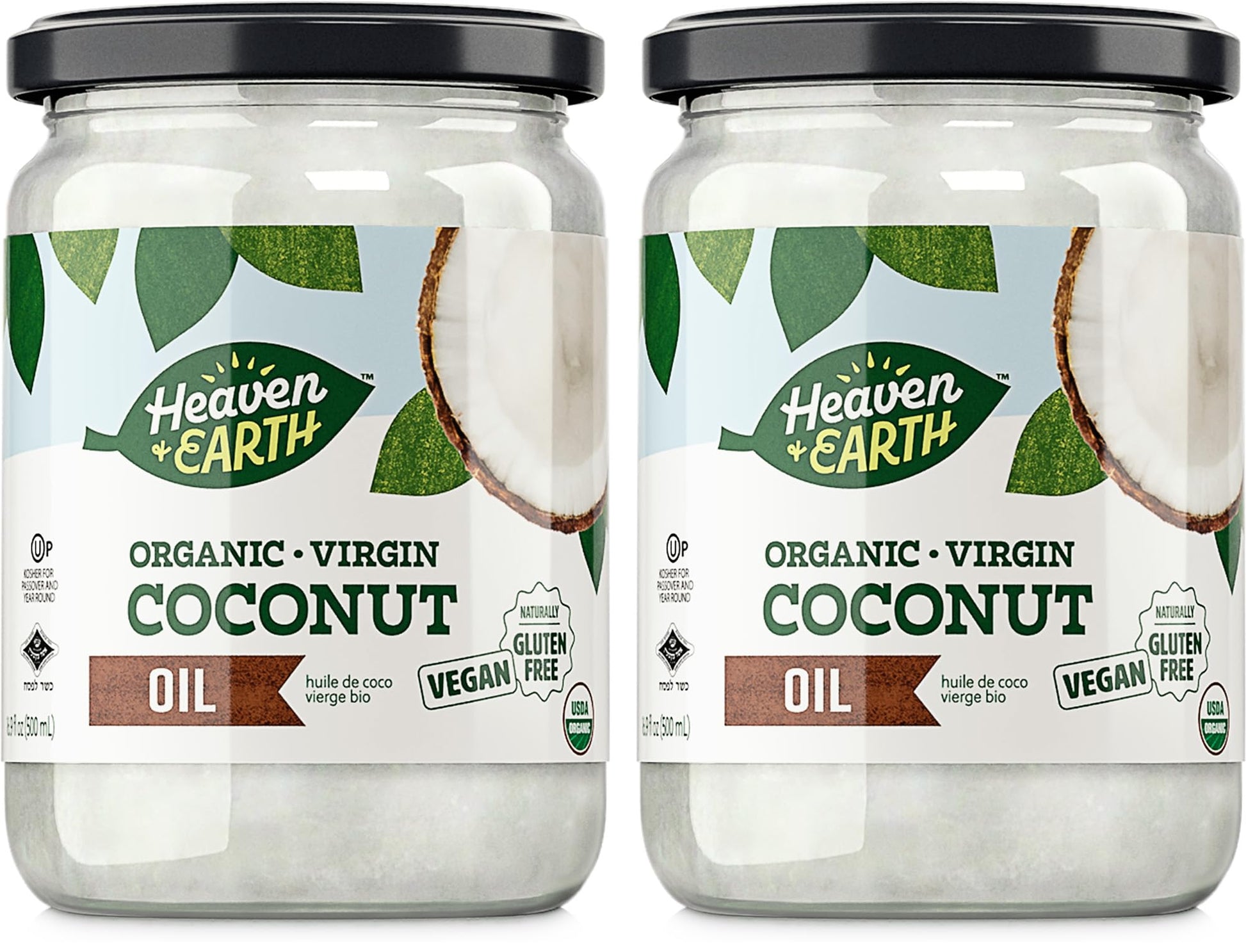Heaven & Earth Organic Unrefined Virgin Coconut Oil, (2 Pack) 16oz | Glass Jar | Cold Pressed | Coconut Oil for Cooking, Hair & 