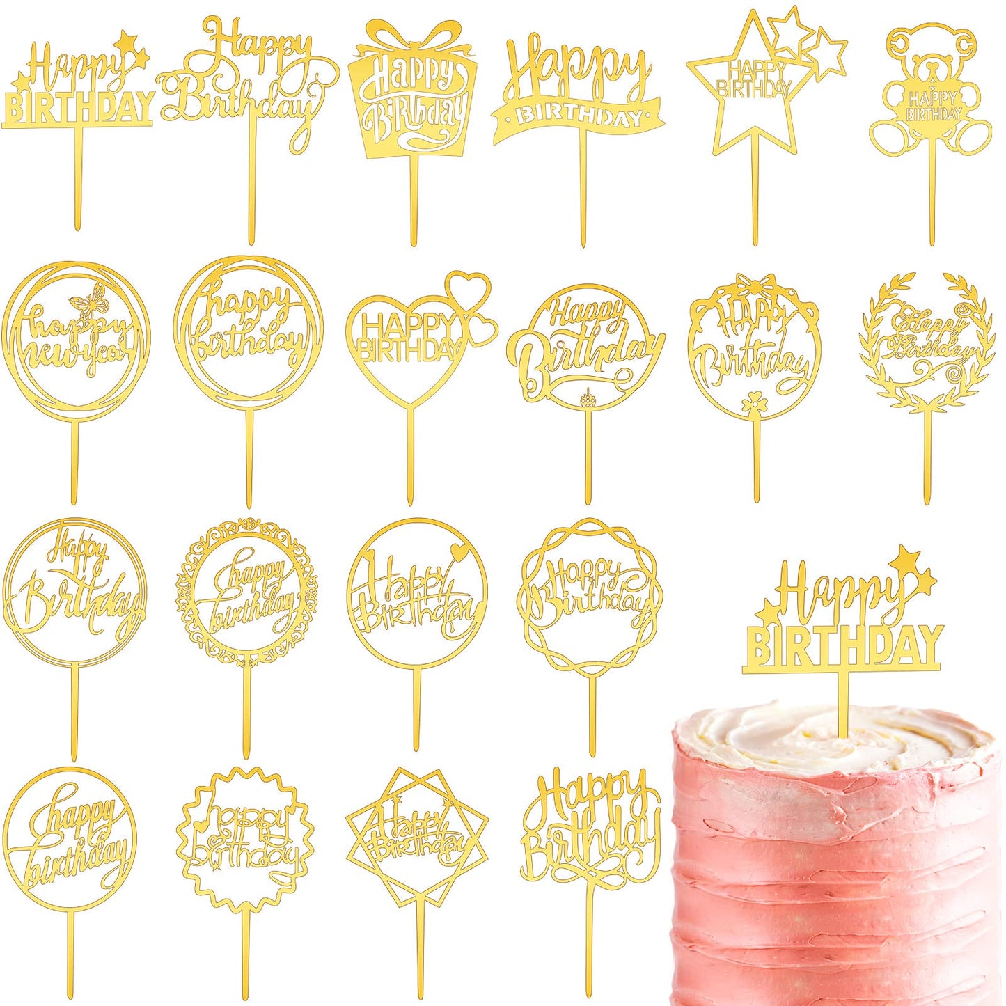 Macarrie 40 Pcs Birthday Cake Topper Set, Gold Acrylic Glitter Decor, 20 Different Shapes