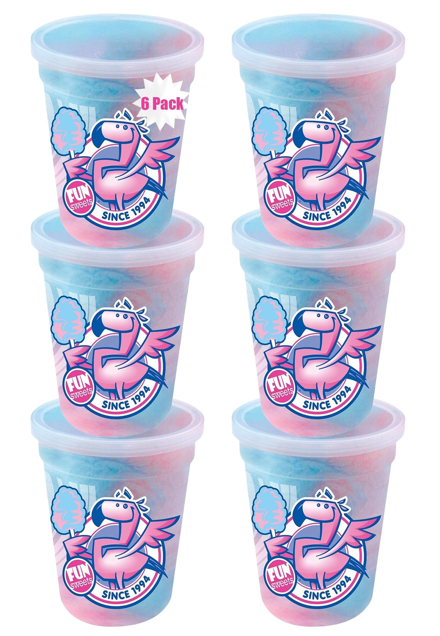 Fun Sweets Cotton Candy 6-Pack - Blue Raz and Cherry Swirl Flavor CottonCandy in 1.5 oz Tubs - Individual Carnival Cotton Candy 