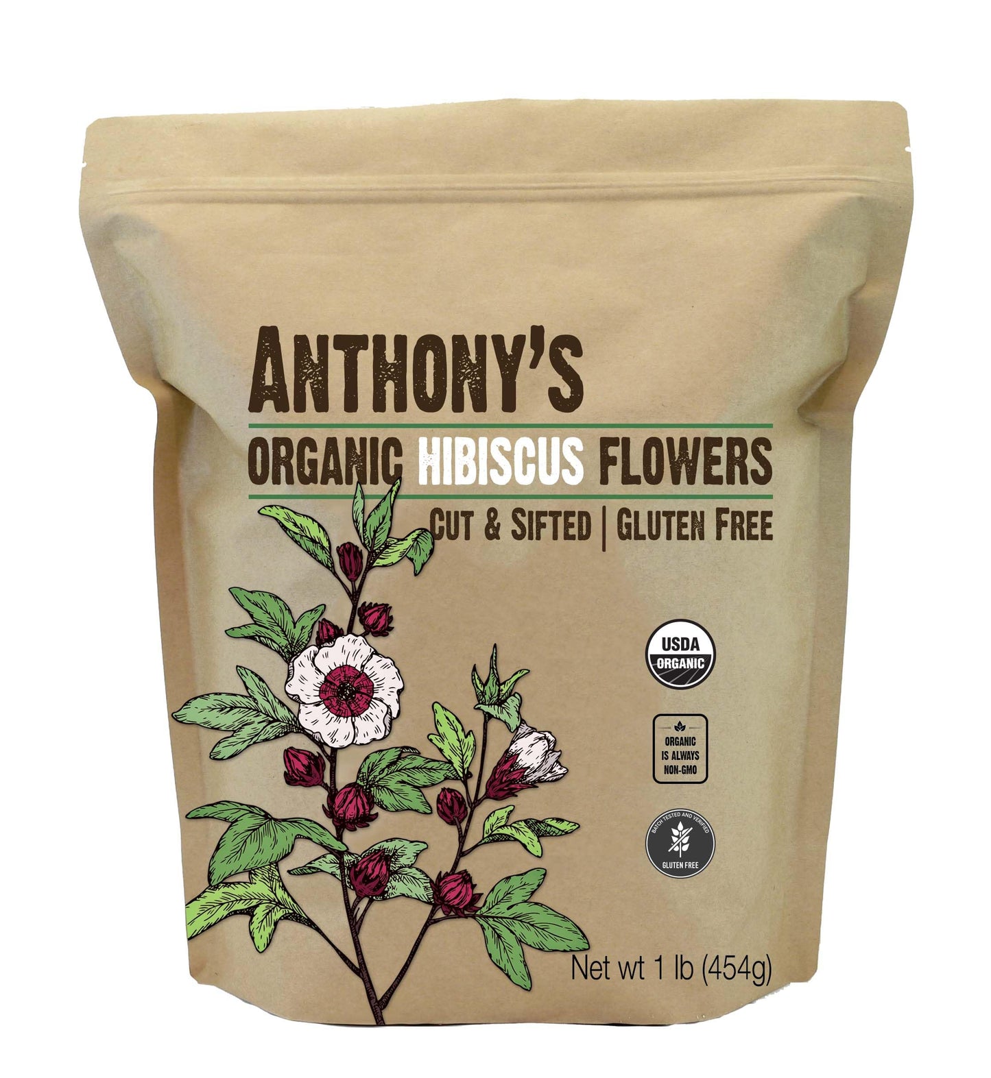 Anthonys Organic Hibiscus Flowers, Cut & Sifted, 1 lb, Gluten Free, Non GMO, Keto Friendly
