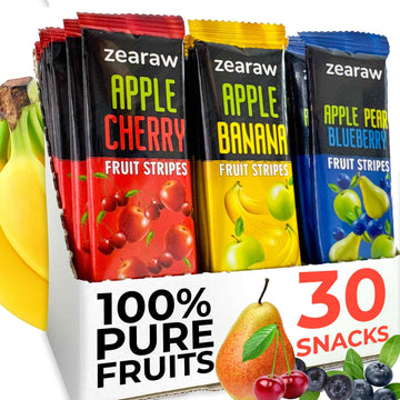 ZEARAW Healthy Fruit Snacks for Adults and Kids - 30 Organic Fruit Leather with Dried Cherry, Blueberry, Banana - Vegan Low-Carb