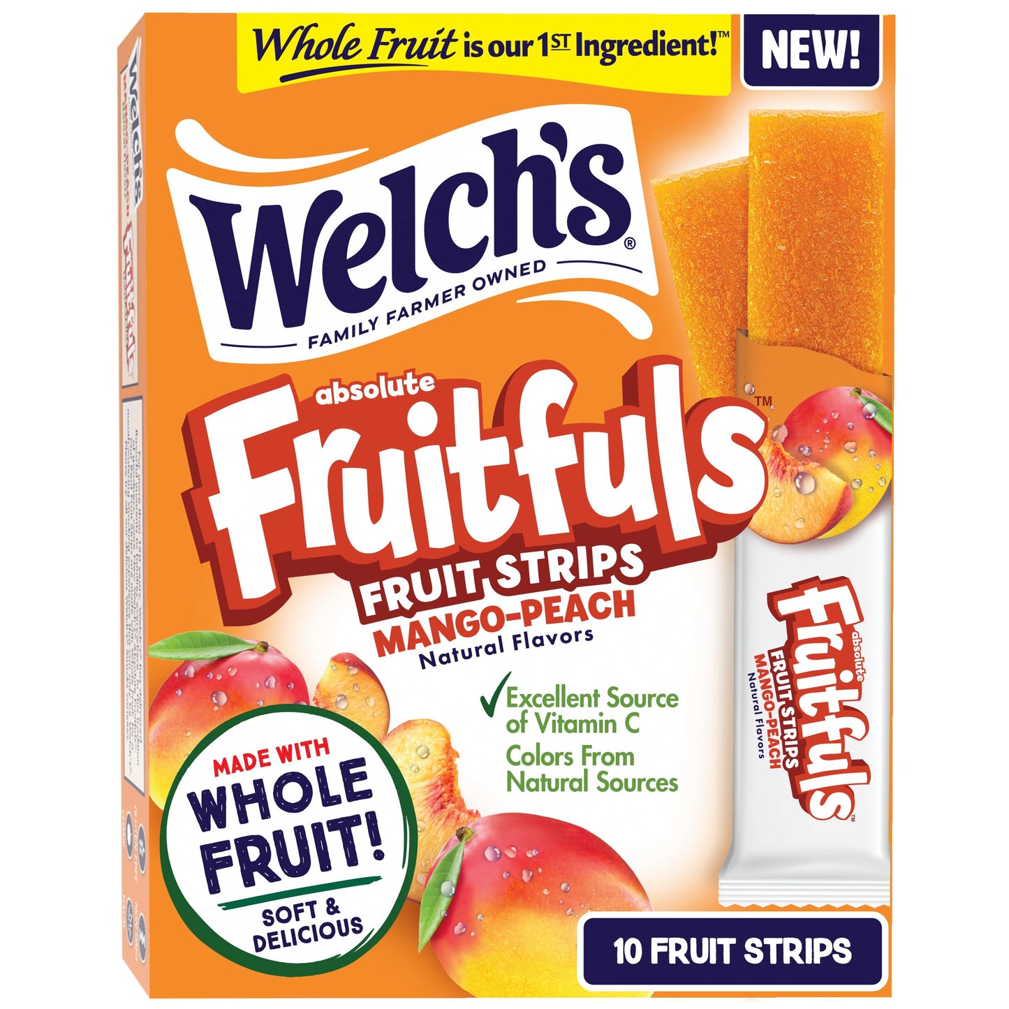 Welchs Absolute Fruitfuls Fruit Strips, Dried Fruit Snacks, Mango Peach, Pack of 10, 0.5oz