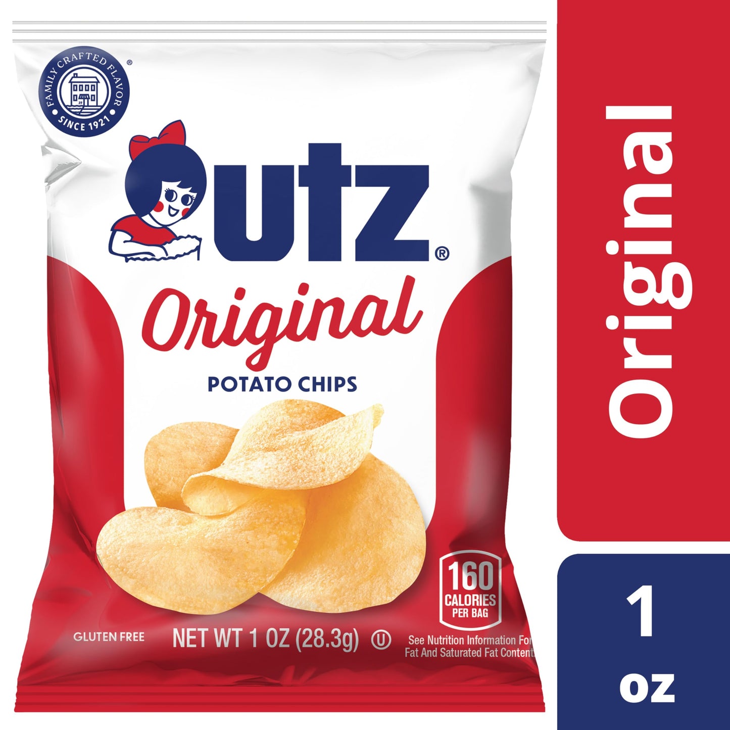 Utz Original Potato Chips, 42 Oz, Crispy, Gluten Free, Cholesterol Free, Trans-Fat Free, 1 Oz Bags, 42 Count