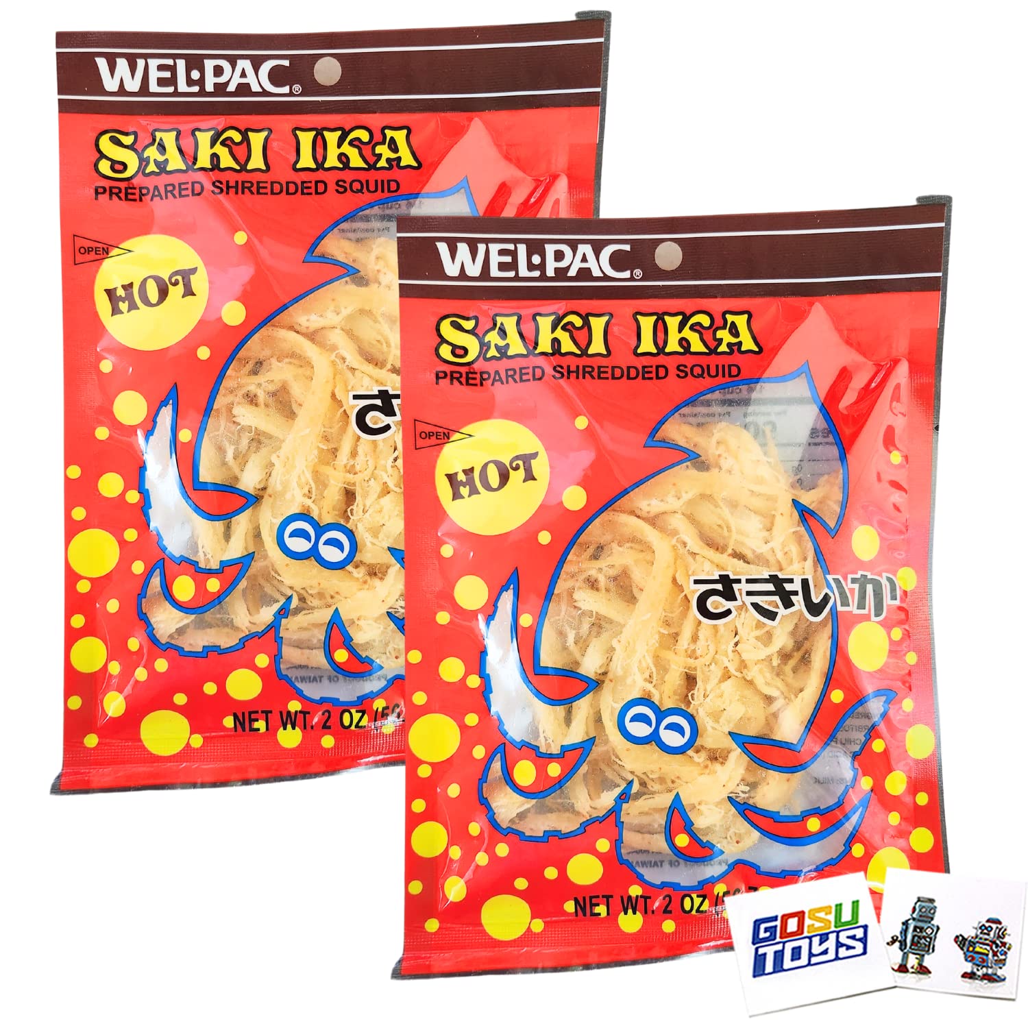 Wel Pac Saki Ika Prepared Shredded Squid 2oz (56.7) bag (2 Packs) with 2 Gosutoys Stickers