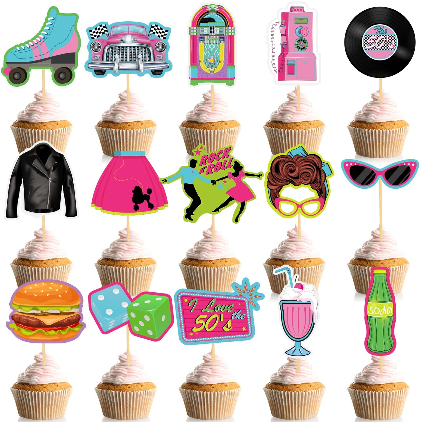 Jecery 45 Pieces 1950S Cupcake Topper Rock And Roll Music Party Decorations 50S Music Soda Shop Cake Decoration For Retro 50'S 6