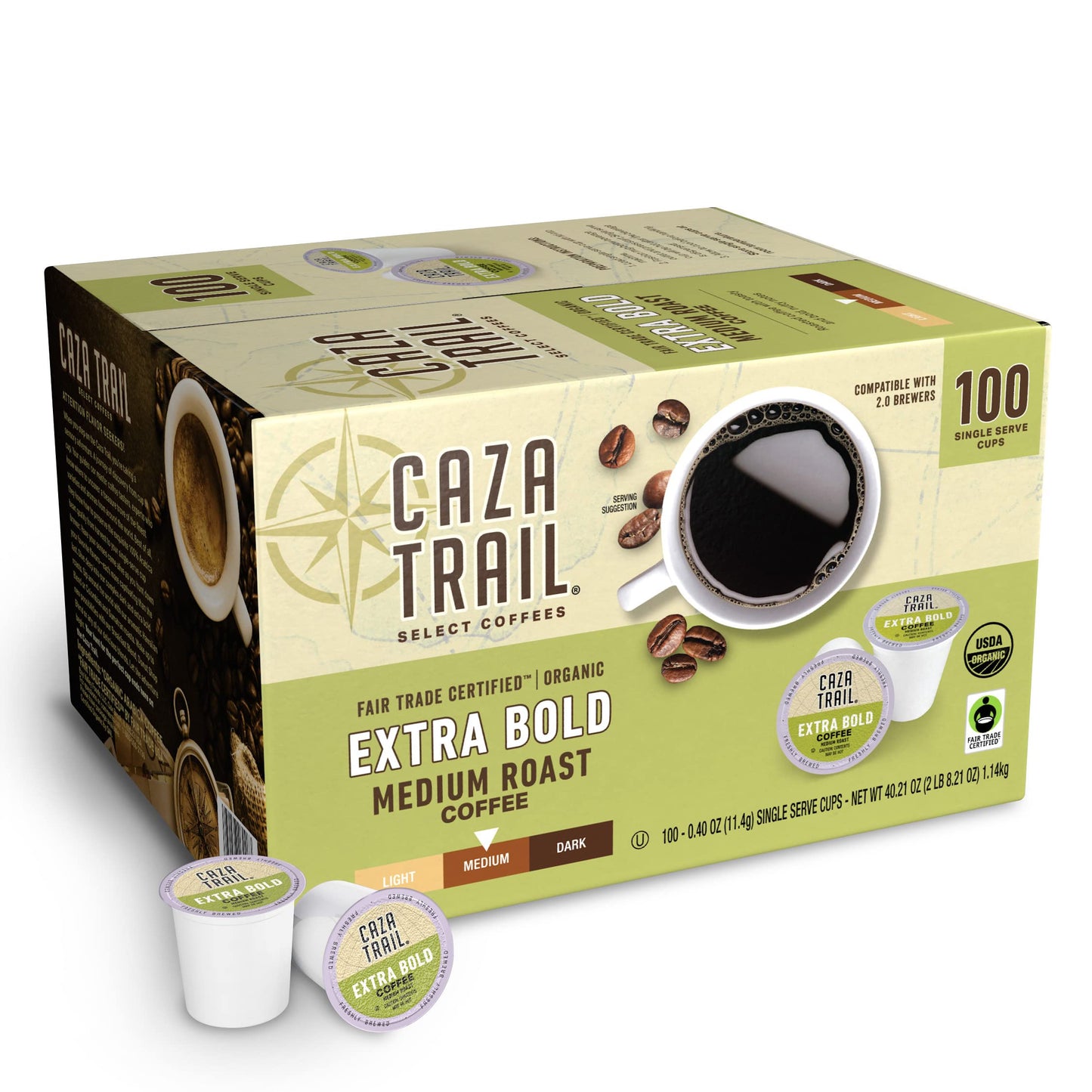 Caza Trail Coffee Organic Extra Bold Medium Roast, 100 Single Serve Cups, Model 07G75124221