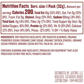 Justin'S Chocolate Hazelnut & Almond Butter Squeeze Pack, Organic Cocoa, Gluten-Free, Responsibly Sourced, Packaging May Vary, 1