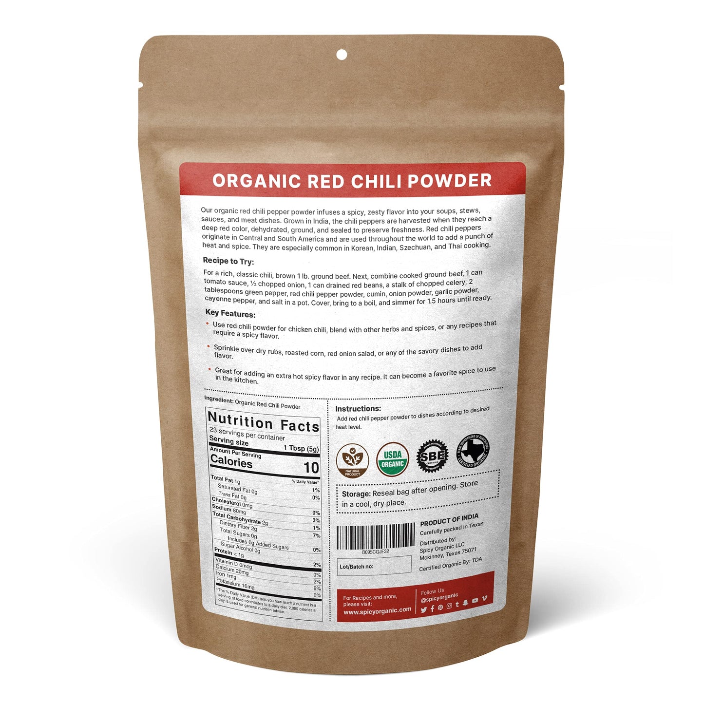 SPICY ORGANIC Red Chili Powder - USDA Organic, Non-GMO - 4 Oz (113g) - Perfect for Soups, Stews, and Chili