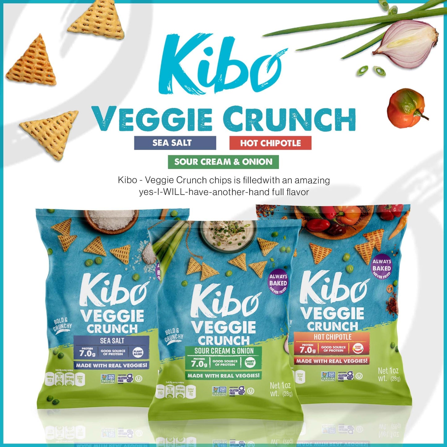 Kibo Veggie Chips Variety Pack - 7G Plant-Based Protein, Sea Salt, Hot Chipotle & Sour Cream & Onion - Gluten & Dairy-Free, Vega
