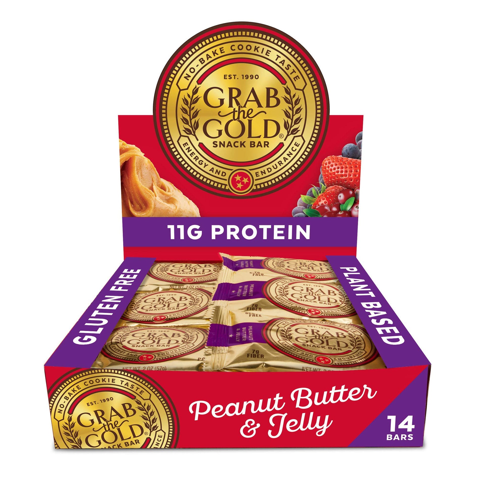 Grab The Gold Peanut Butter & Jelly Protein Snack Bars | 11g Plant-Based Protein | Gluten-Free, Vegan | 14 Bars