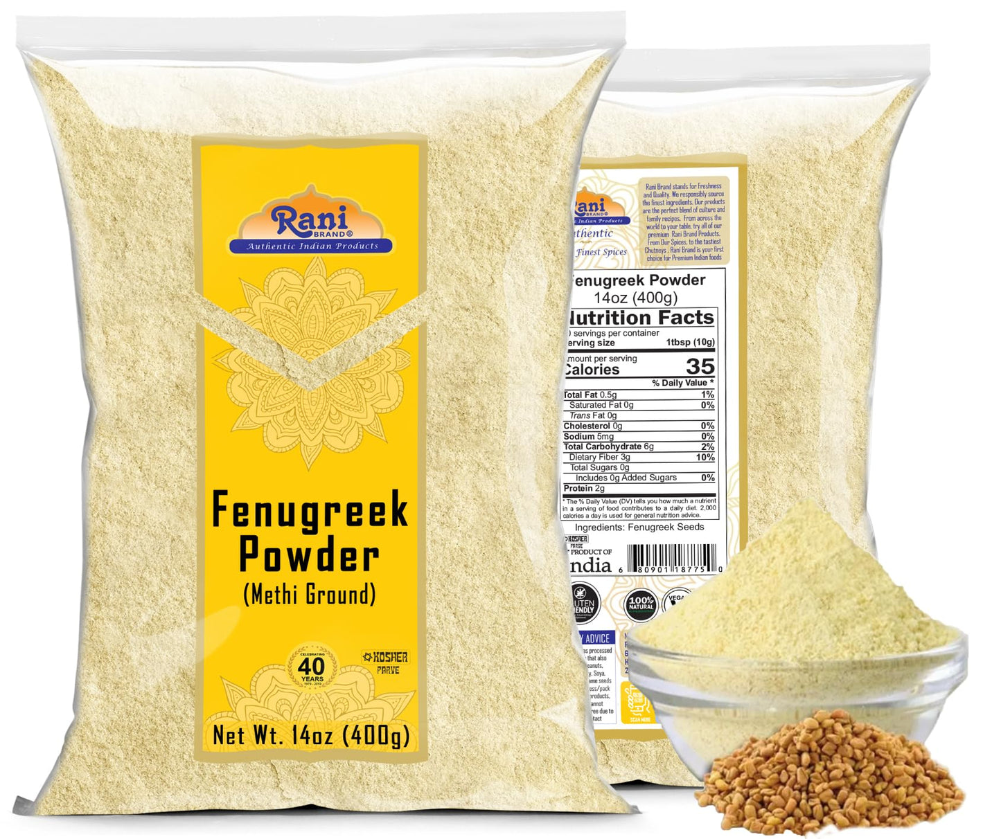 Rani Fenugreek (Methi) Seeds Ground Powder 14Oz (400G) Trigonella Foenum Graecum ~ All Natural | Vegan | Gluten Friendly | Non-Gmo | Kosher | Indian Origin, Used In Cooking & Ayurvedic Spice