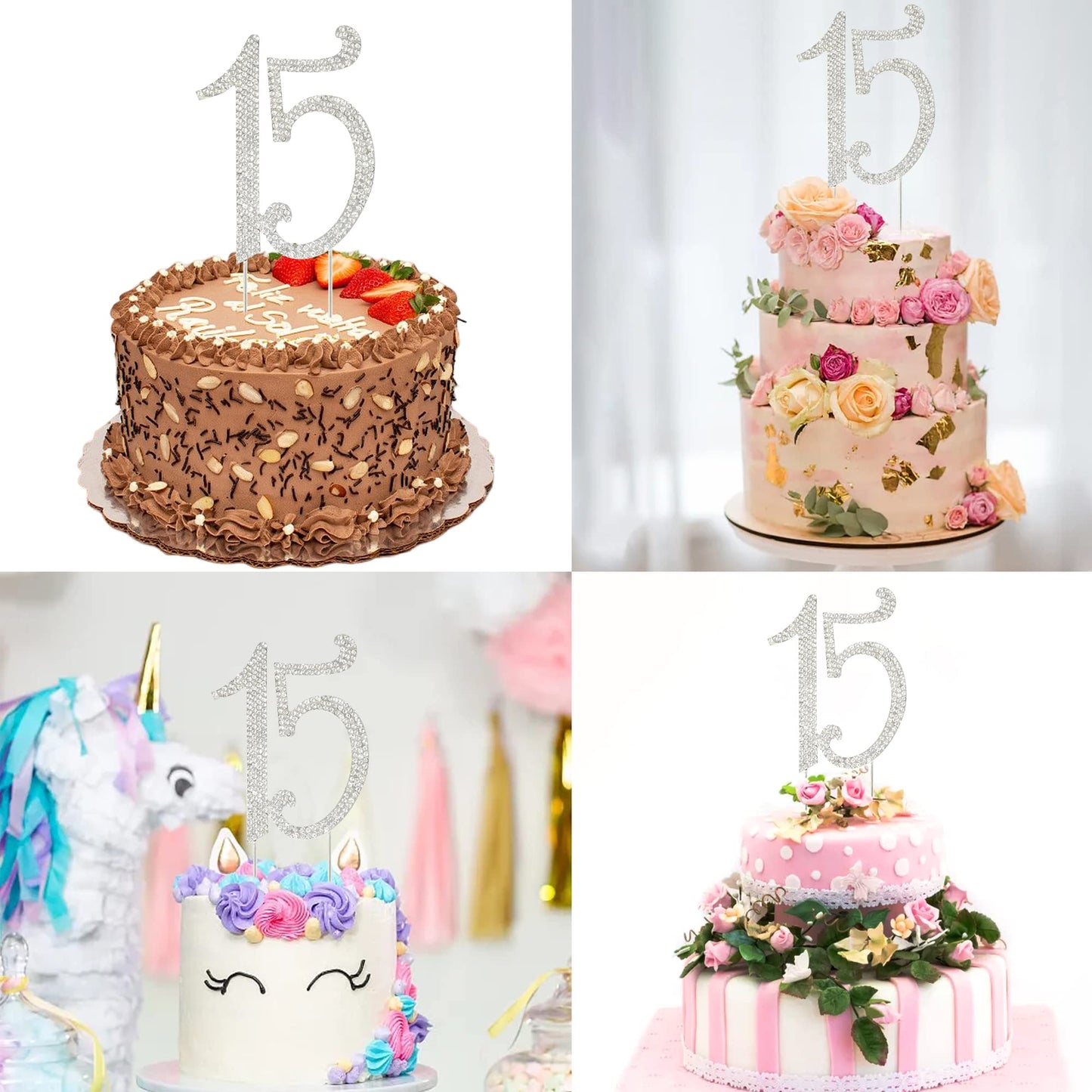 Honbay 15th Birthday Cake Topper, Sparkly Alloy Crystal Rhinestones, Silver, Model CAKE-TOPPER-15-GOLD