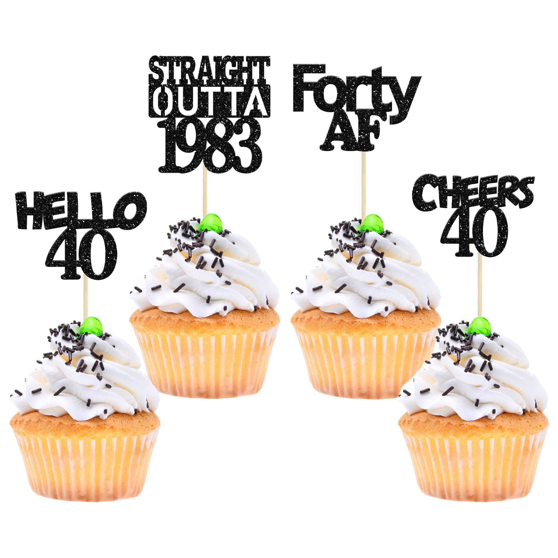 Gyufise 24 Pack Black 40Th Birthday Cupcake Toppers Glitter Forty Hello 40 Straight Outta 1983 Cupcake Picks For Cheers To 40 Bi