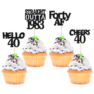 Gyufise 24 Pack Black 40Th Birthday Cupcake Toppers Glitter Forty Hello 40 Straight Outta 1983 Cupcake Picks For Cheers To 40 Bi