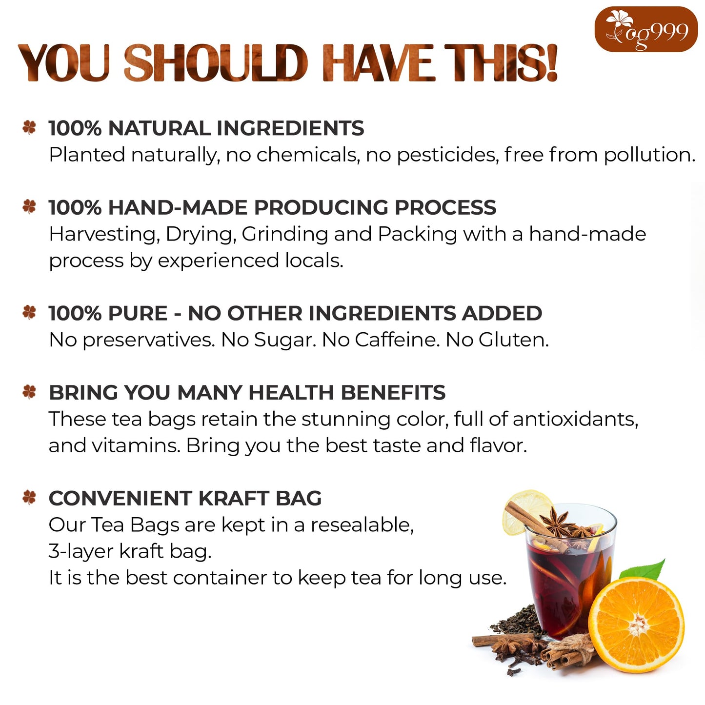 TOG999 Herbal Tea - Special Blend of Cinnamon, Black Tea, Orange Peel & Cloves, 120 Tea Bags, 100% Natural Ingredients, Vegan