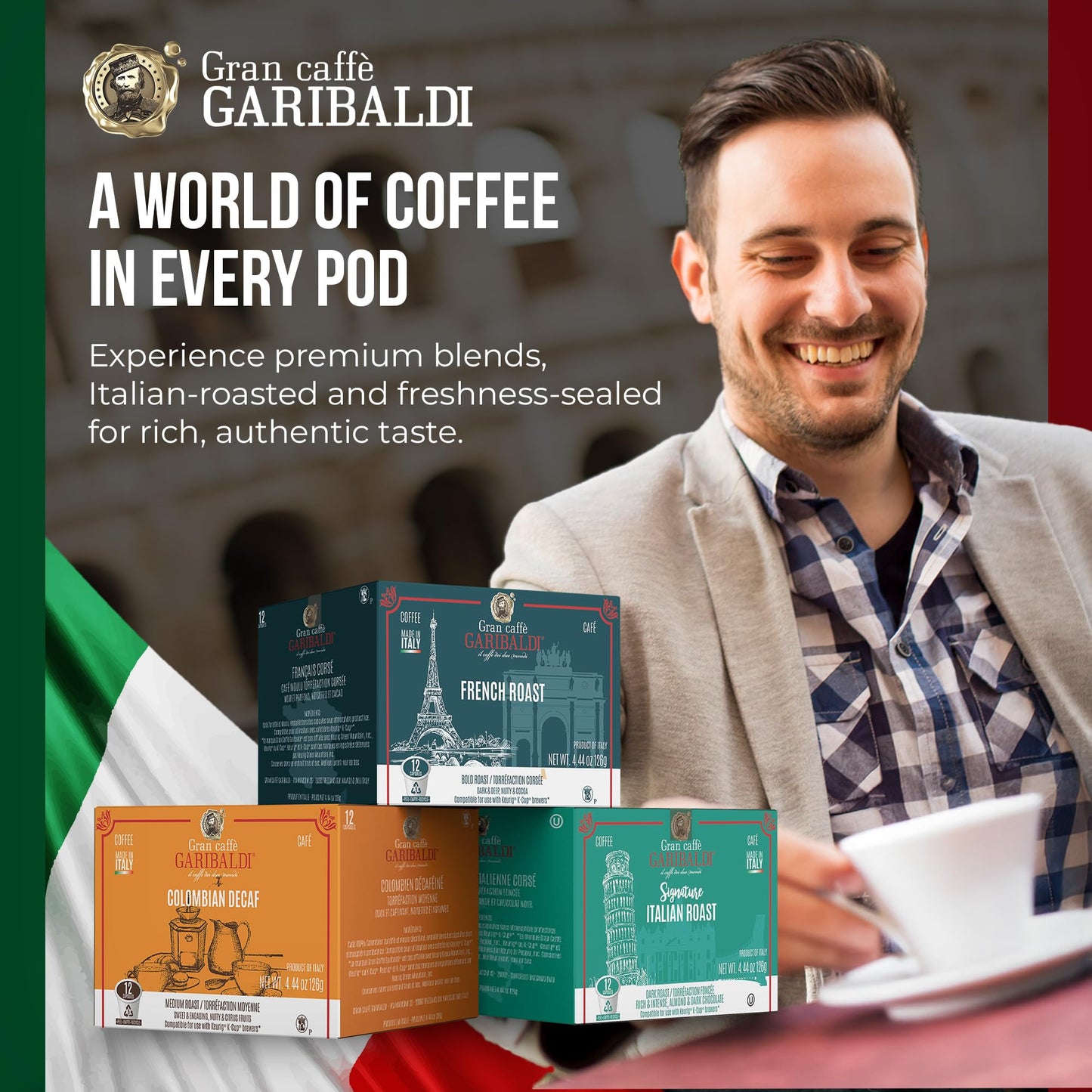 Caffè Garibaldi French Roast Coffee Pods, Single-Serve Capsules For Keurig K-Cup Malt-Inspired, Single Serve Cups, 100% Arabica Blend For Coffee Makers, 12 Count Recyclable Pods - Dark Roast