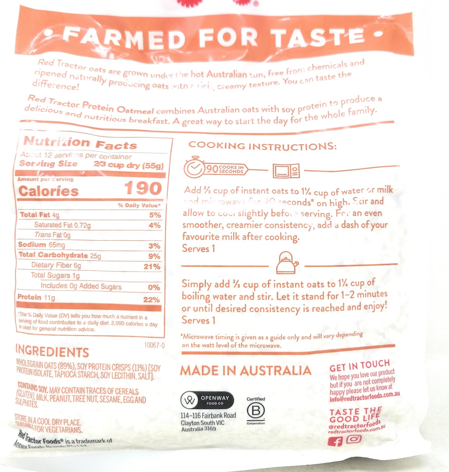 Red Tractor Protein Creamy Style Oatmeal, High Fiber, 11G Protein, 24 Oz