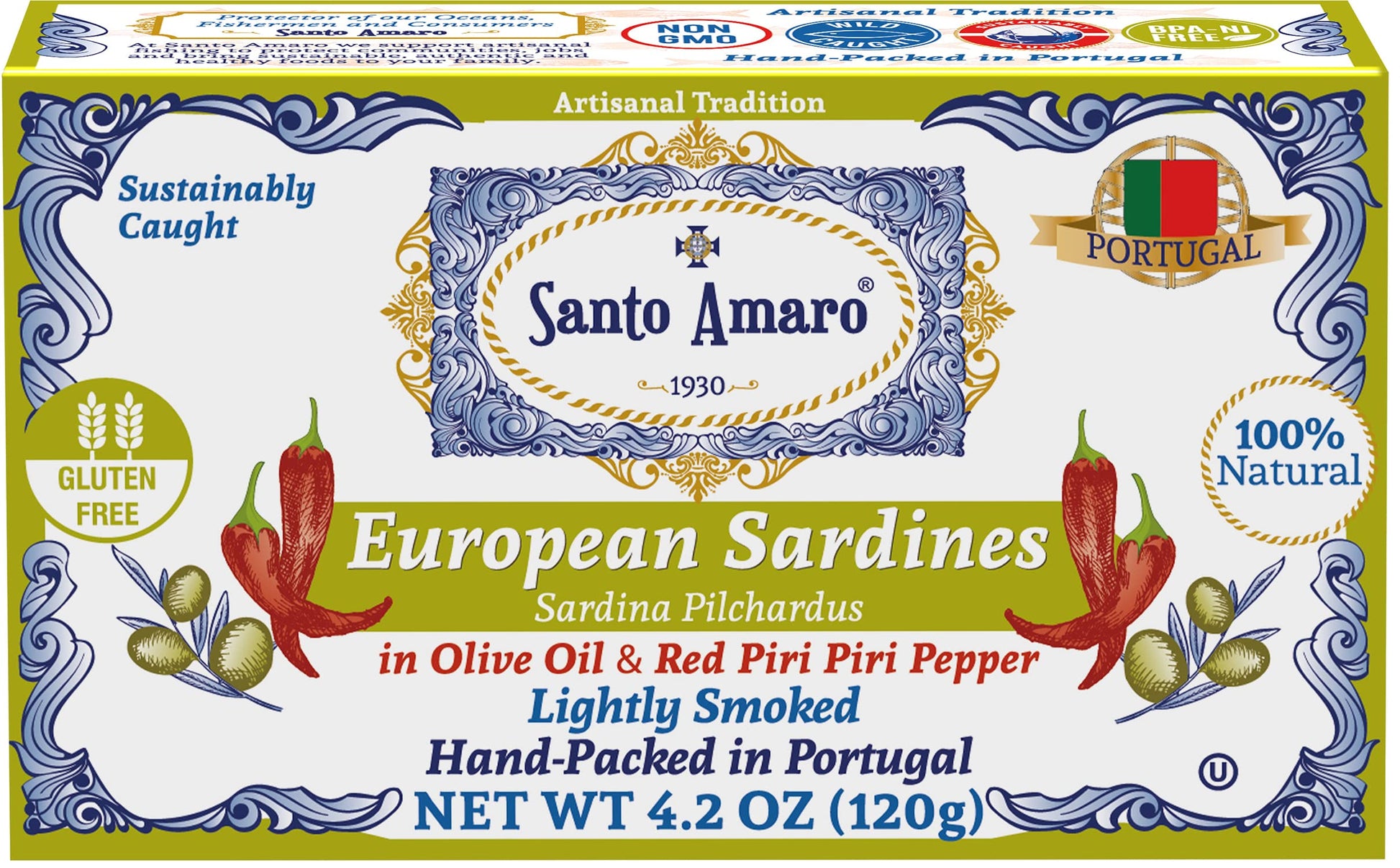 Santo Amaro Sardines in Olive Oil & Red Piri Piri Pepper, Hand-Packed, 4.23 oz (Pack of 6)