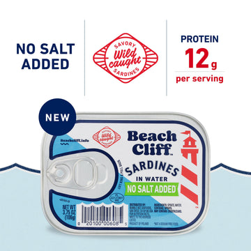 Beach Cliff Wild Caught Canned Sardines in Water  No Salt Added - High Protein  Keto Friendly  Gluten Free - Ideal Can Sardines for Healthy Recipes - 3.75 Ounce (Pack of 12)