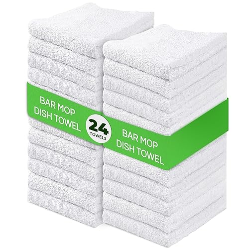 Towels N More 24 White Cleaning Towels For Kitchen, 16X19 Bar Mop Dish Towels - 30Oz Commercial Grade Cotton Absorbent Reusable